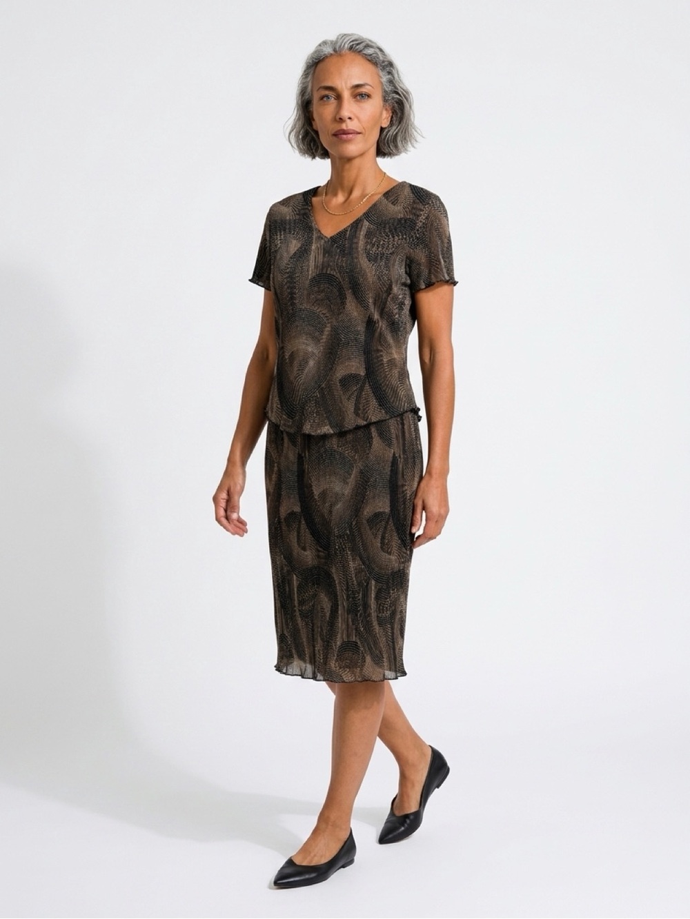 Women's Brown Patterned Abstract Short-Sleeve Dress